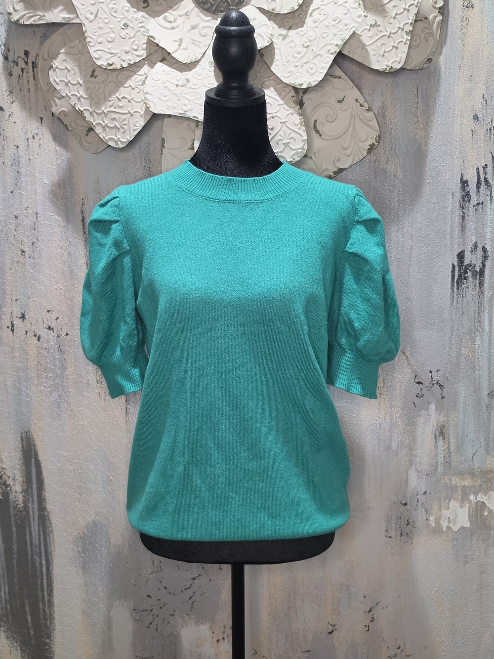 Green Puff-Sleeve Knit Top Size Medium